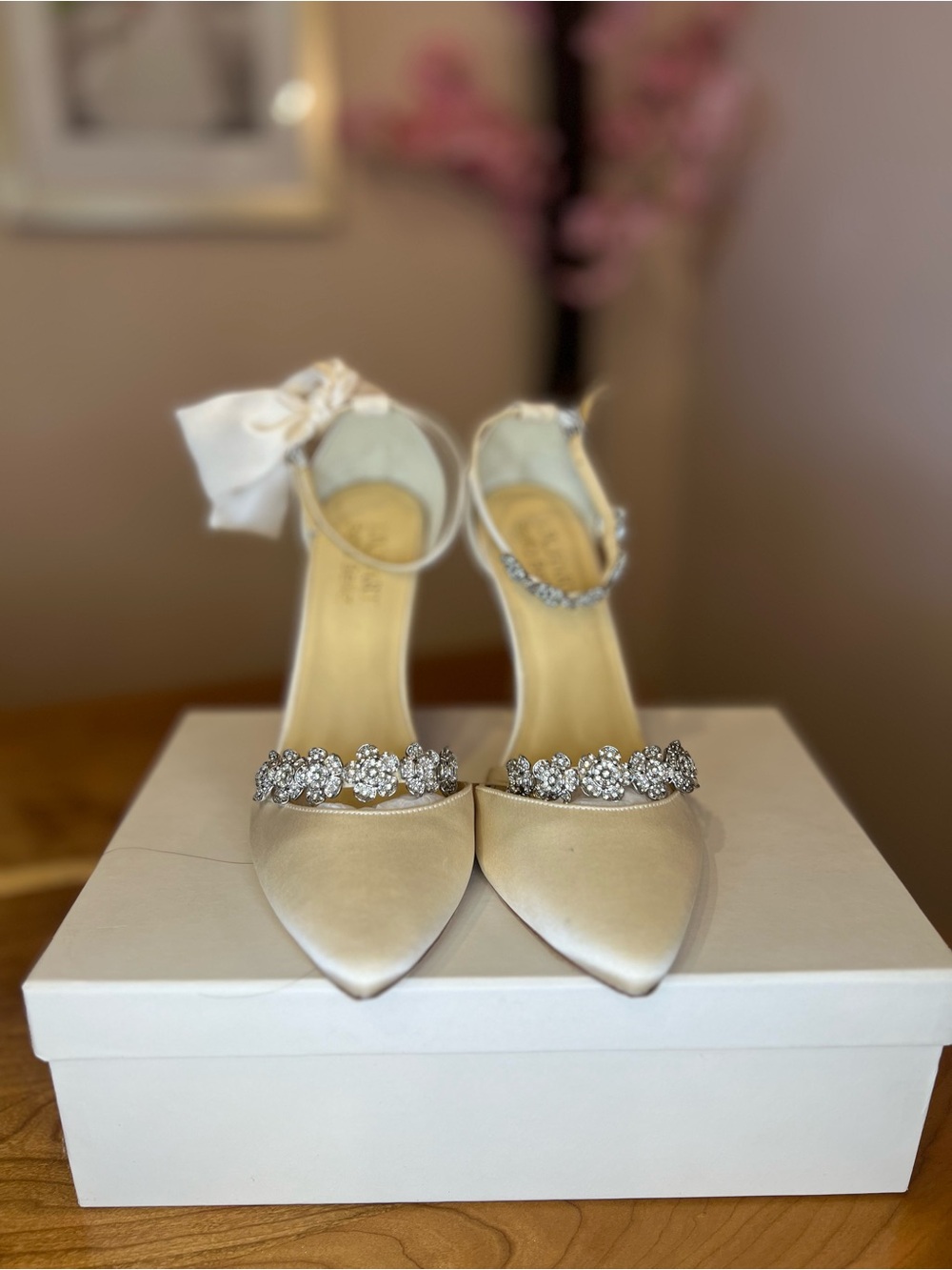 Satin Pointed-Toe Ankle-Strap Heels with Crystal Embellishment in Ivory